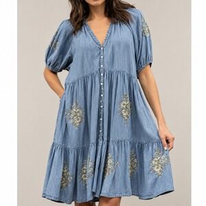 Kyla Seo Embroidered Chambray Tiered Babydoll Dress Blue Small Handmade Boho